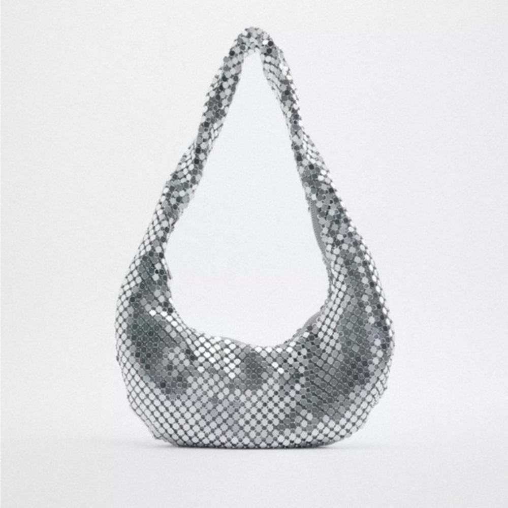 ZARA Silver Chain Mail Mini Hobo Shoulder Bag